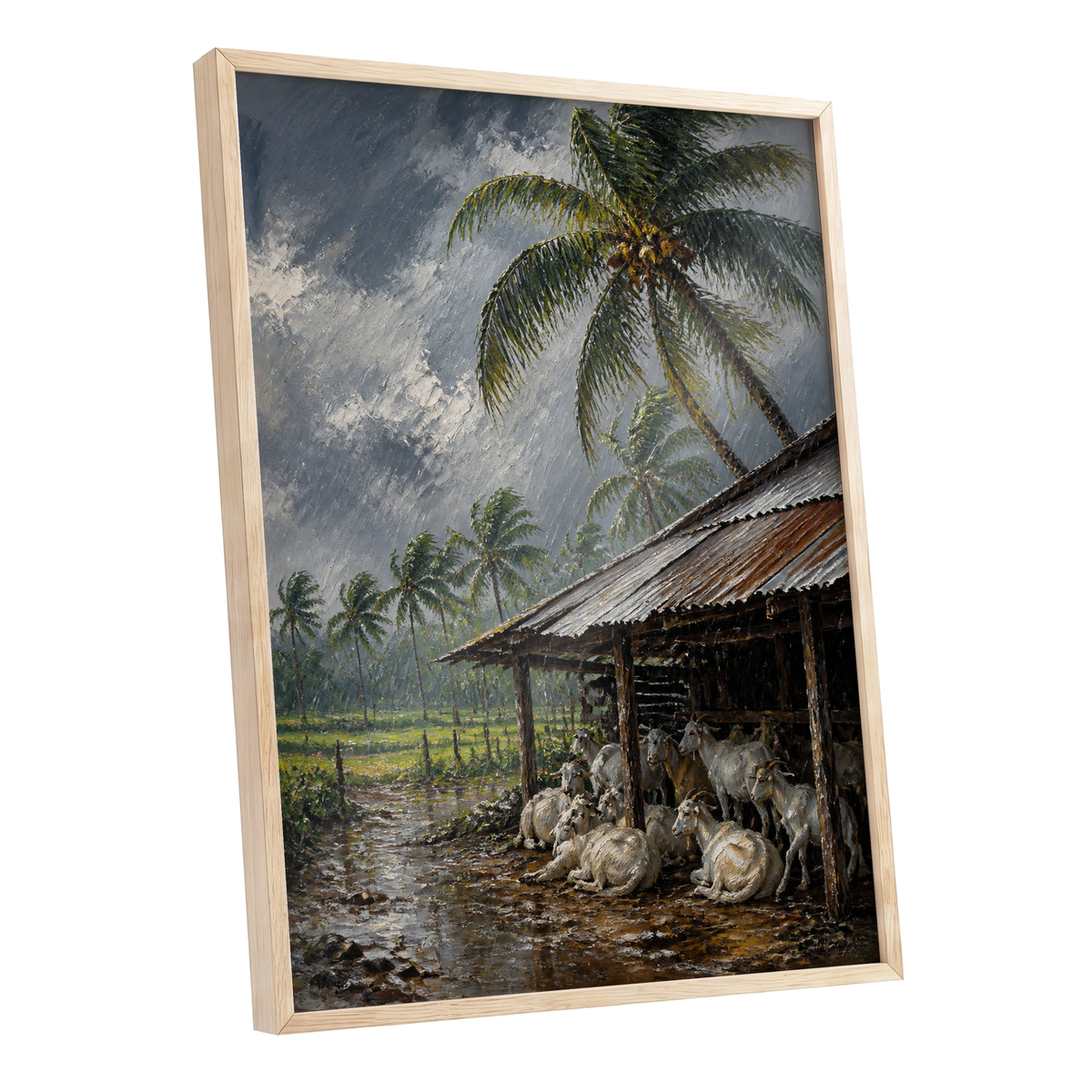 Monsoon Shelter, gray, green, brown nature wall art shown as a oak framed poster wall art print