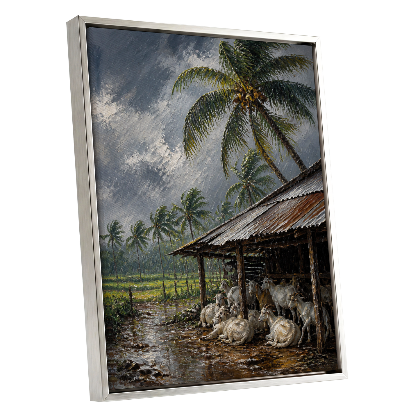 Monsoon Shelter, gray, green, brown nature wall art shown as a silver framed canvas wall art