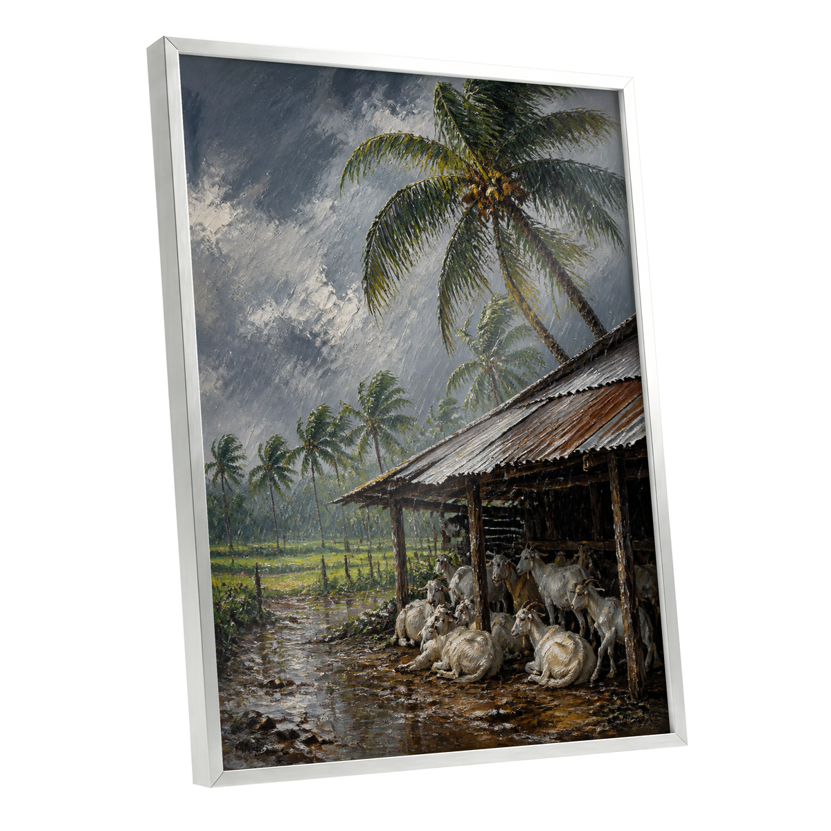 Monsoon Shelter, gray, green, brown nature wall art shown as a silver framed poster wall art print