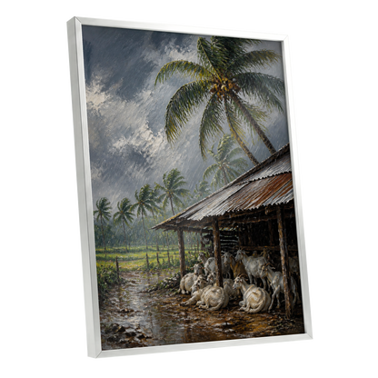Monsoon Shelter, gray, green, brown nature wall art shown as a silver framed poster wall art print