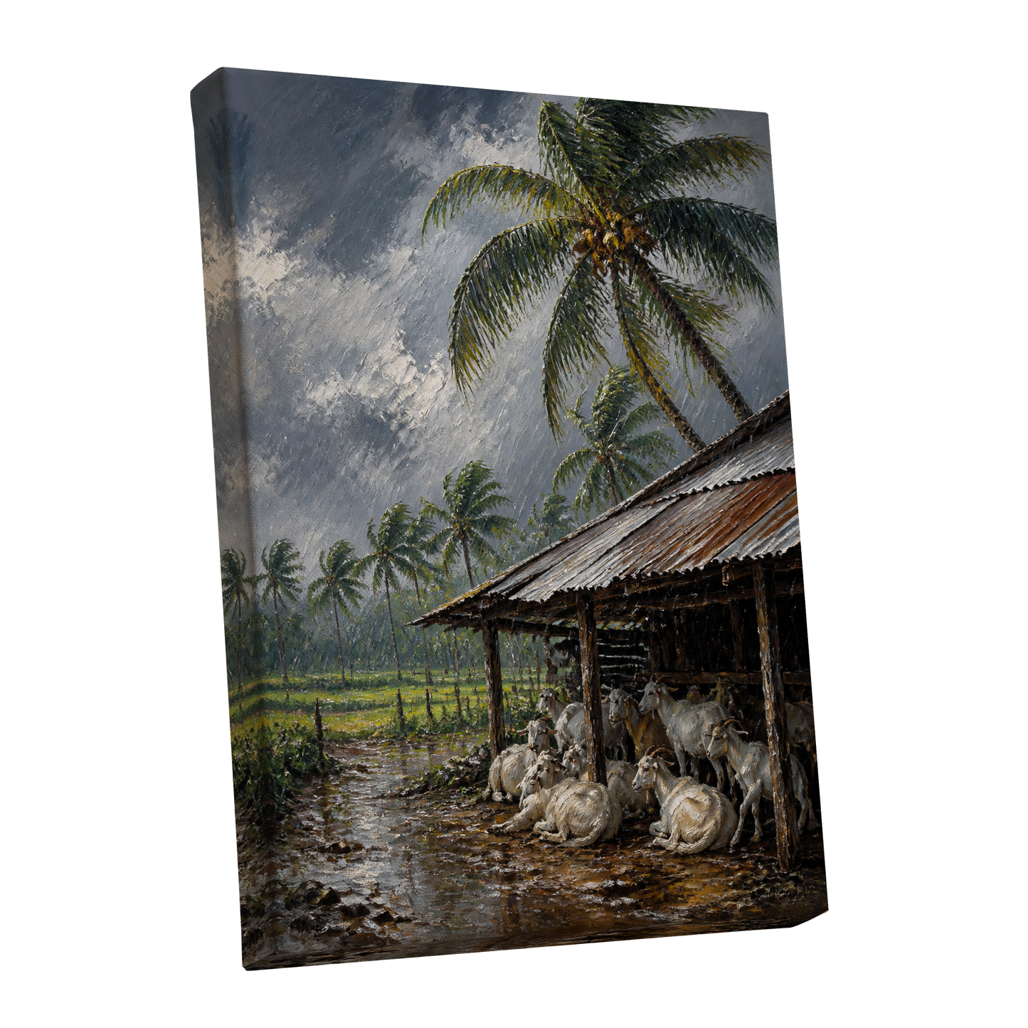 Monsoon Shelter, gray, green, brown nature wall art shown as a stretched canvas wall art