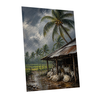 Monsoon Shelter, gray, green, brown nature wall art shown as a unframed poster wall art print