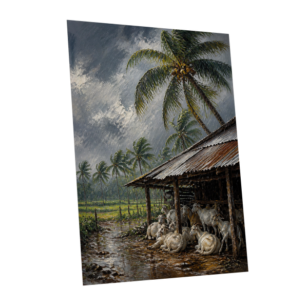 Monsoon Shelter, gray, green, brown nature wall art shown as a unframed poster wall art print