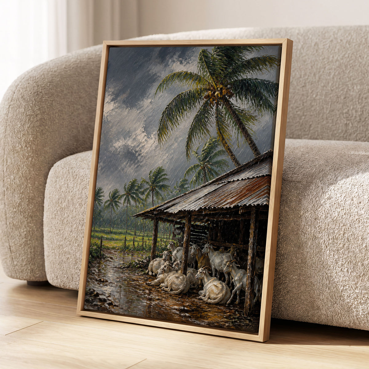 Monsoon Shelter, gray, green, brown nature wall art displayed in a styled interior, gallery view 1