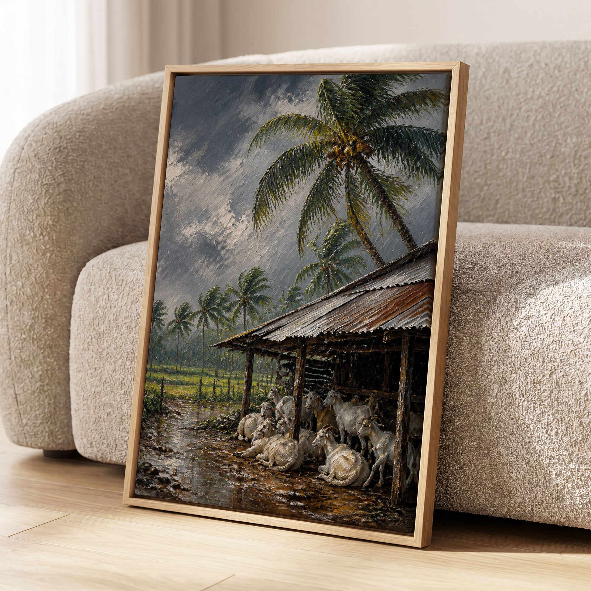 Monsoon Shelter, gray, green, brown nature wall art displayed in a styled interior, gallery view 1
