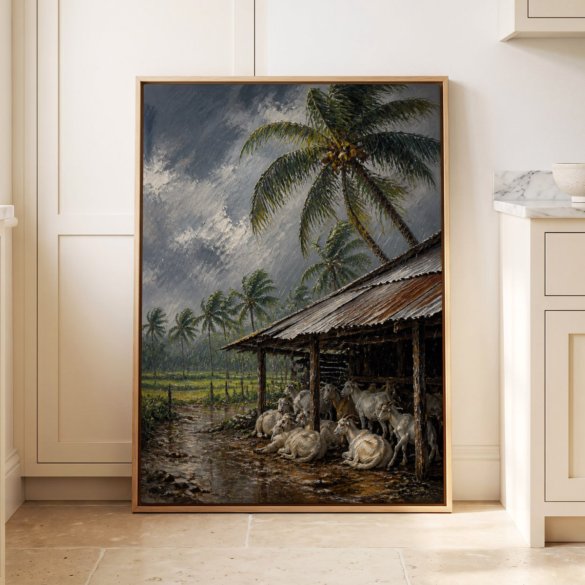 Monsoon Shelter, gray, green, brown nature wall art displayed in a styled interior, gallery view 1