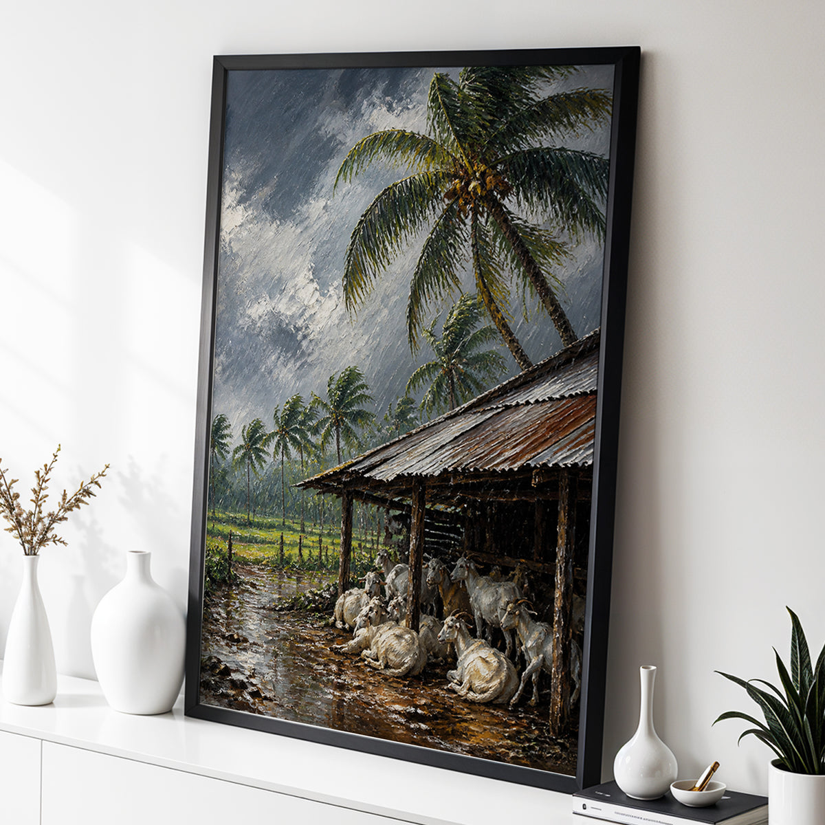 Monsoon Shelter, gray, green, brown nature wall art displayed in a styled interior, gallery view 2
