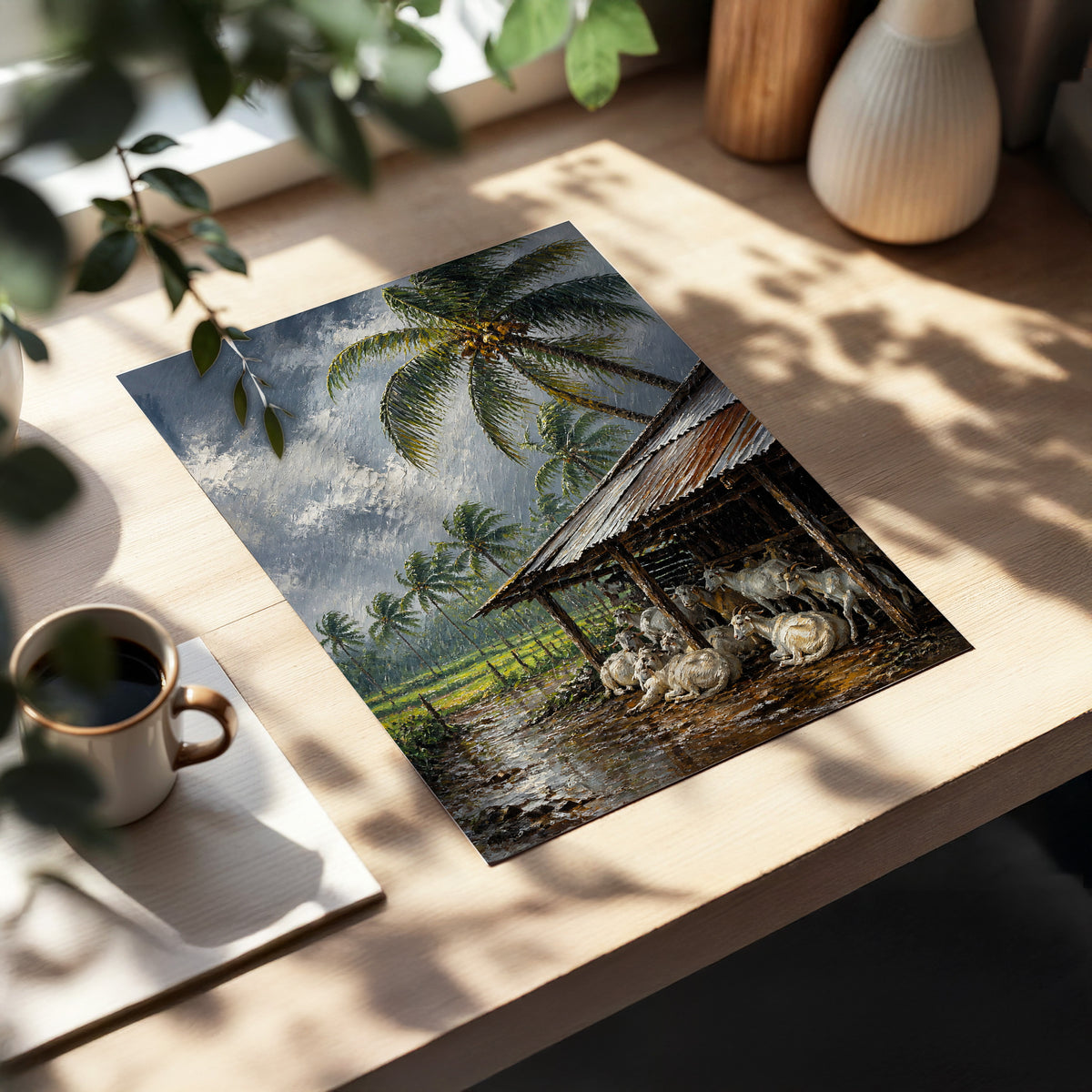 Monsoon Shelter, gray, green, brown nature wall art displayed in a styled interior, gallery view 2