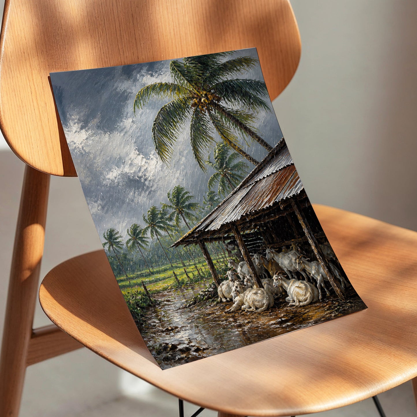 Monsoon Shelter, gray, green, brown nature wall art displayed in a styled interior, gallery view 3