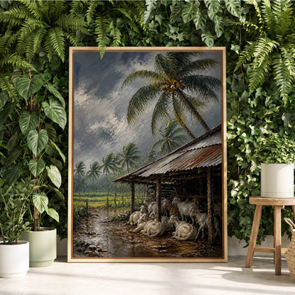 Monsoon Shelter, gray, green, brown nature wall art displayed in a styled interior, gallery view 3