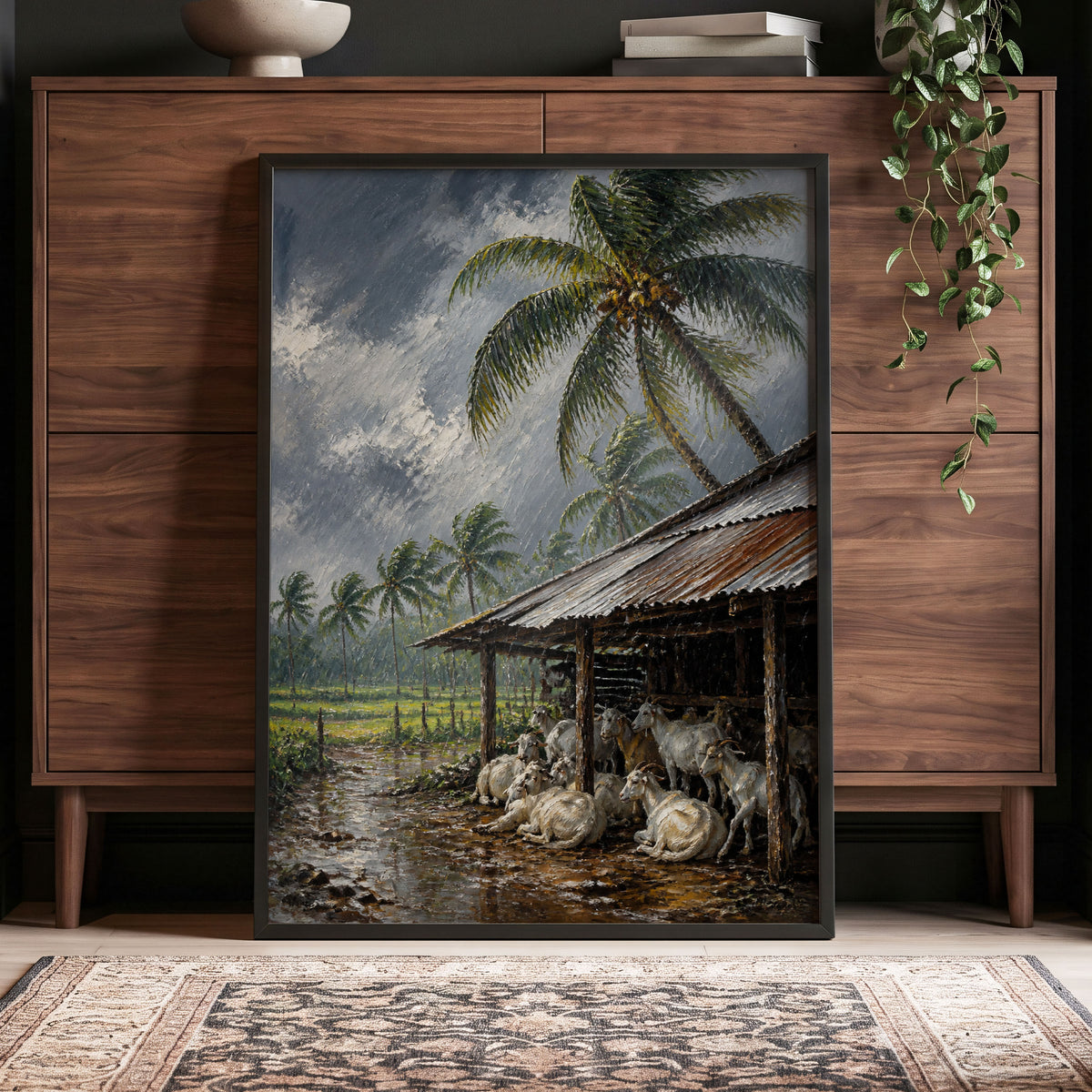 Monsoon Shelter, gray, green, brown nature wall art displayed in a styled interior, gallery view 4