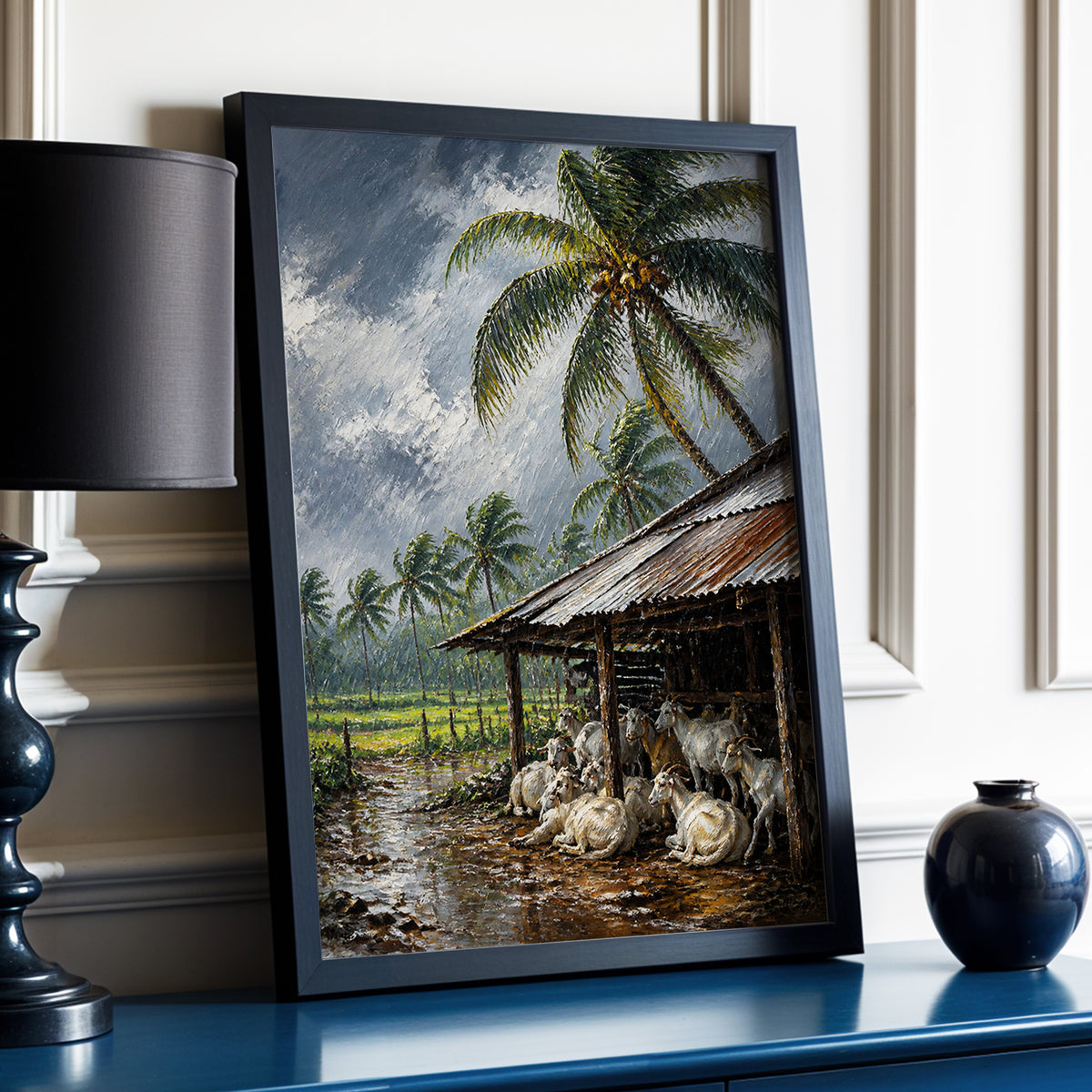 Monsoon Shelter, gray, green, brown nature wall art displayed in a styled interior, gallery view 4