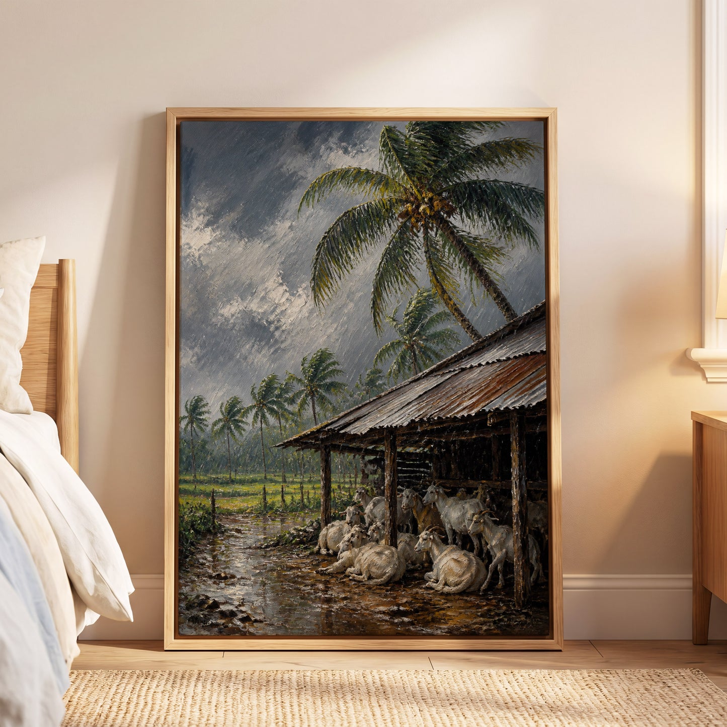 Monsoon Shelter, gray, green, brown nature wall art displayed in a styled interior, gallery view 6