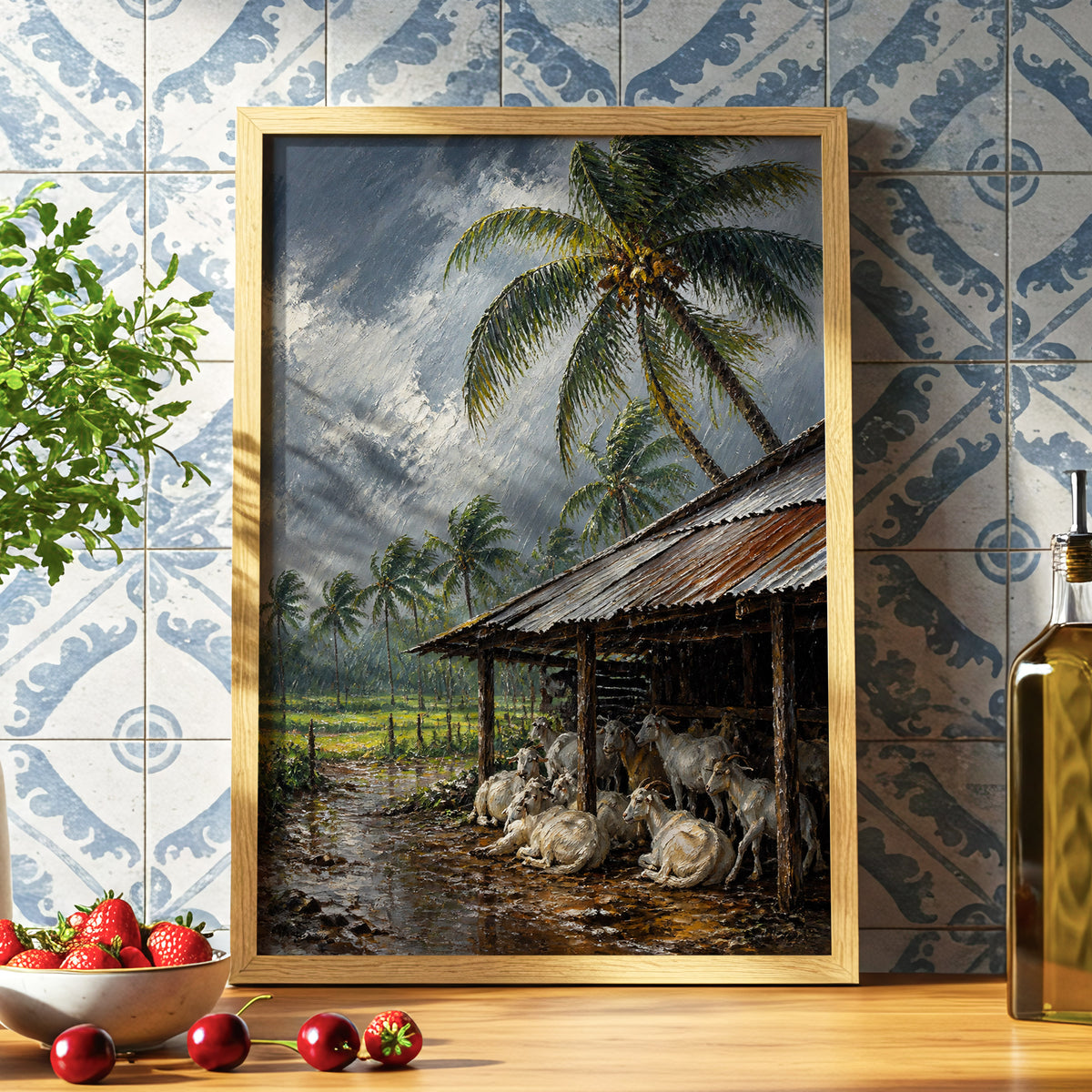 Monsoon Shelter, gray, green, brown nature wall art displayed in a styled interior, gallery view 6