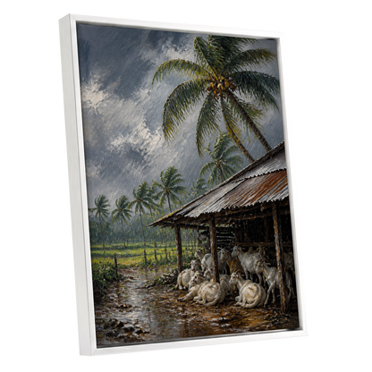 Monsoon Shelter, gray, green, brown nature wall art shown as a white framed canvas wall art