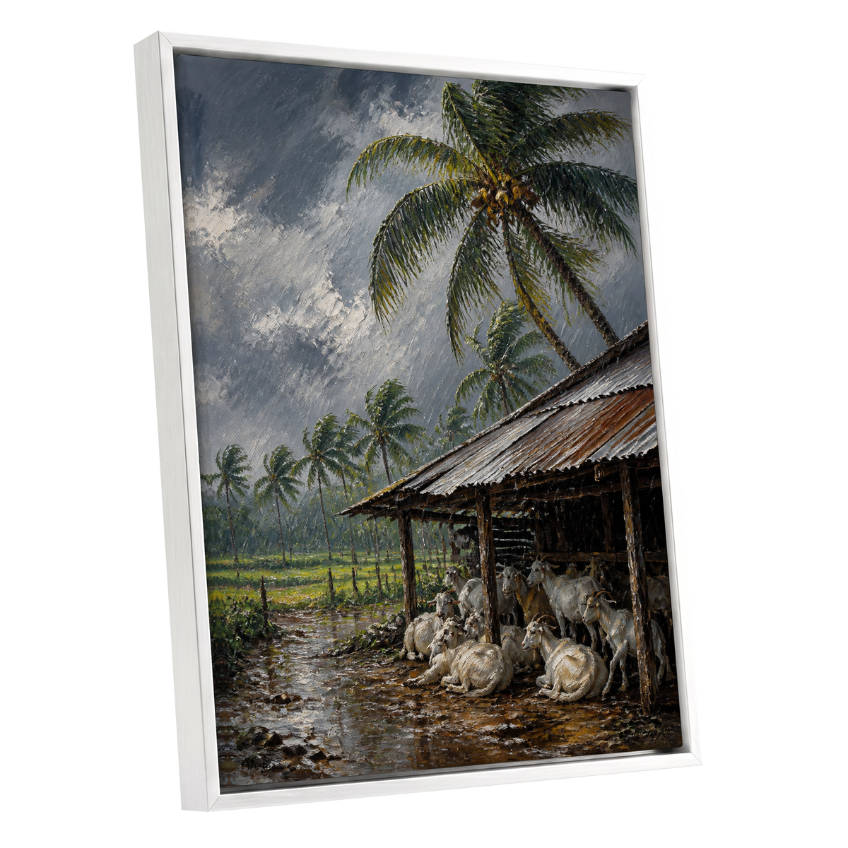 Monsoon Shelter, gray, green, brown nature wall art shown as a white framed canvas wall art