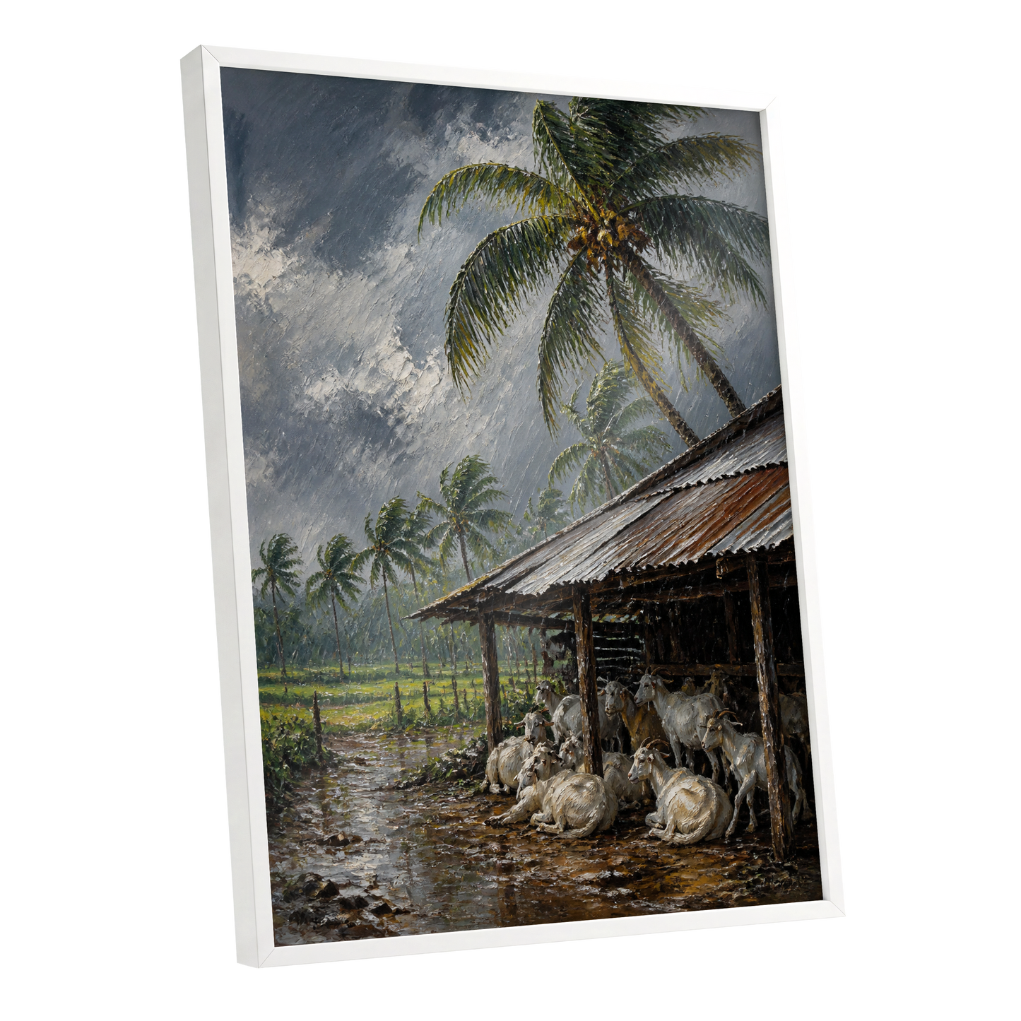Monsoon Shelter, gray, green, brown nature wall art shown as a white framed poster wall art print