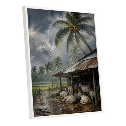 Monsoon Shelter, gray, green, brown nature wall art shown as a white framed poster wall art print