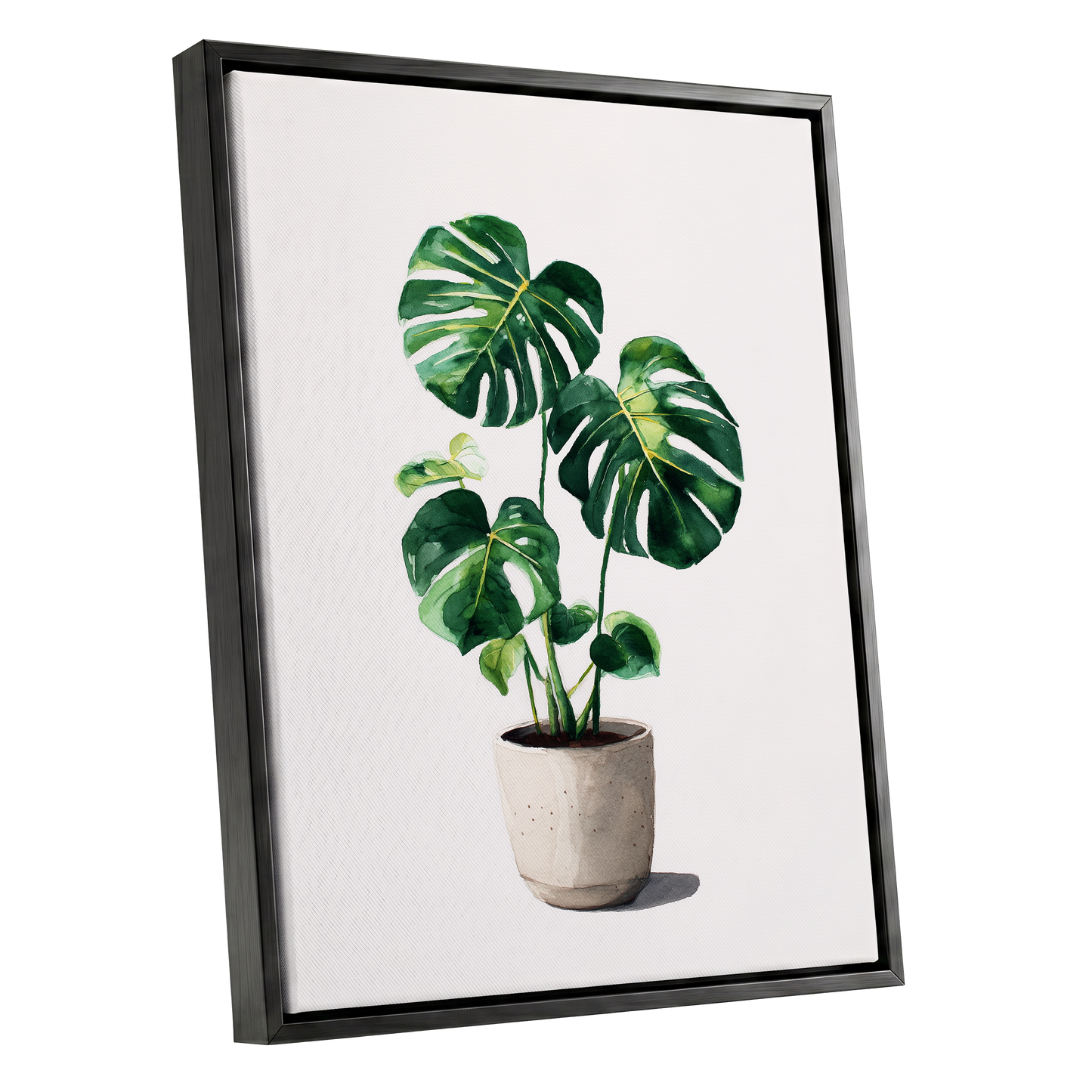 Monstera Stillness, green, beige, white nature wall art shown as a black framed canvas wall art