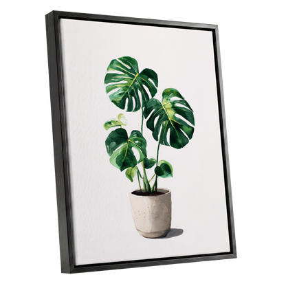 Monstera Stillness, green, beige, white nature wall art shown as a black framed canvas wall art
