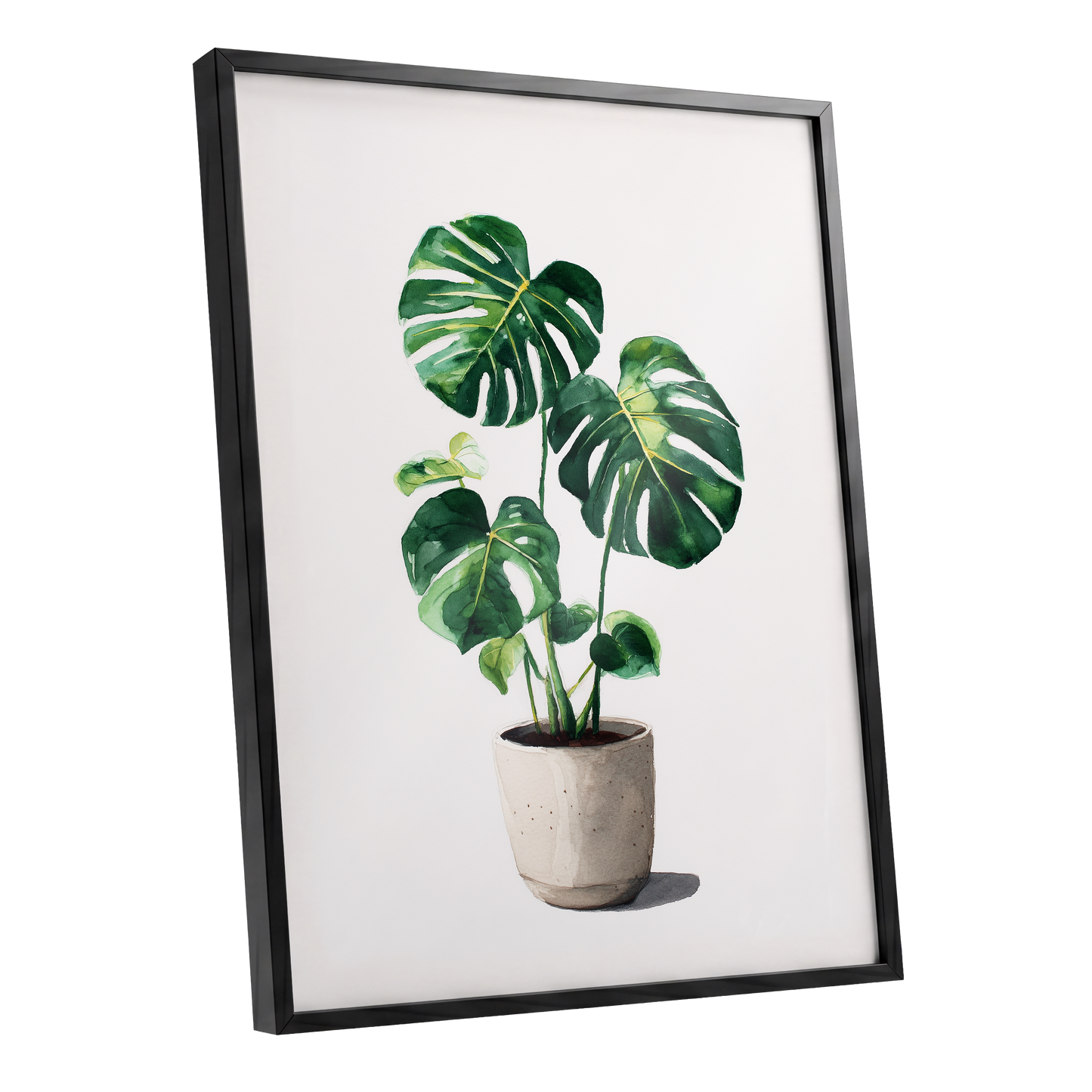 Monstera Stillness, green, beige, white nature wall art shown as a black framed poster wall art print