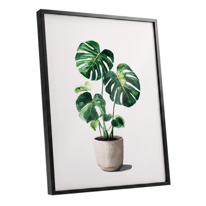 Monstera Stillness, green, beige, white nature wall art shown as a black framed poster wall art print