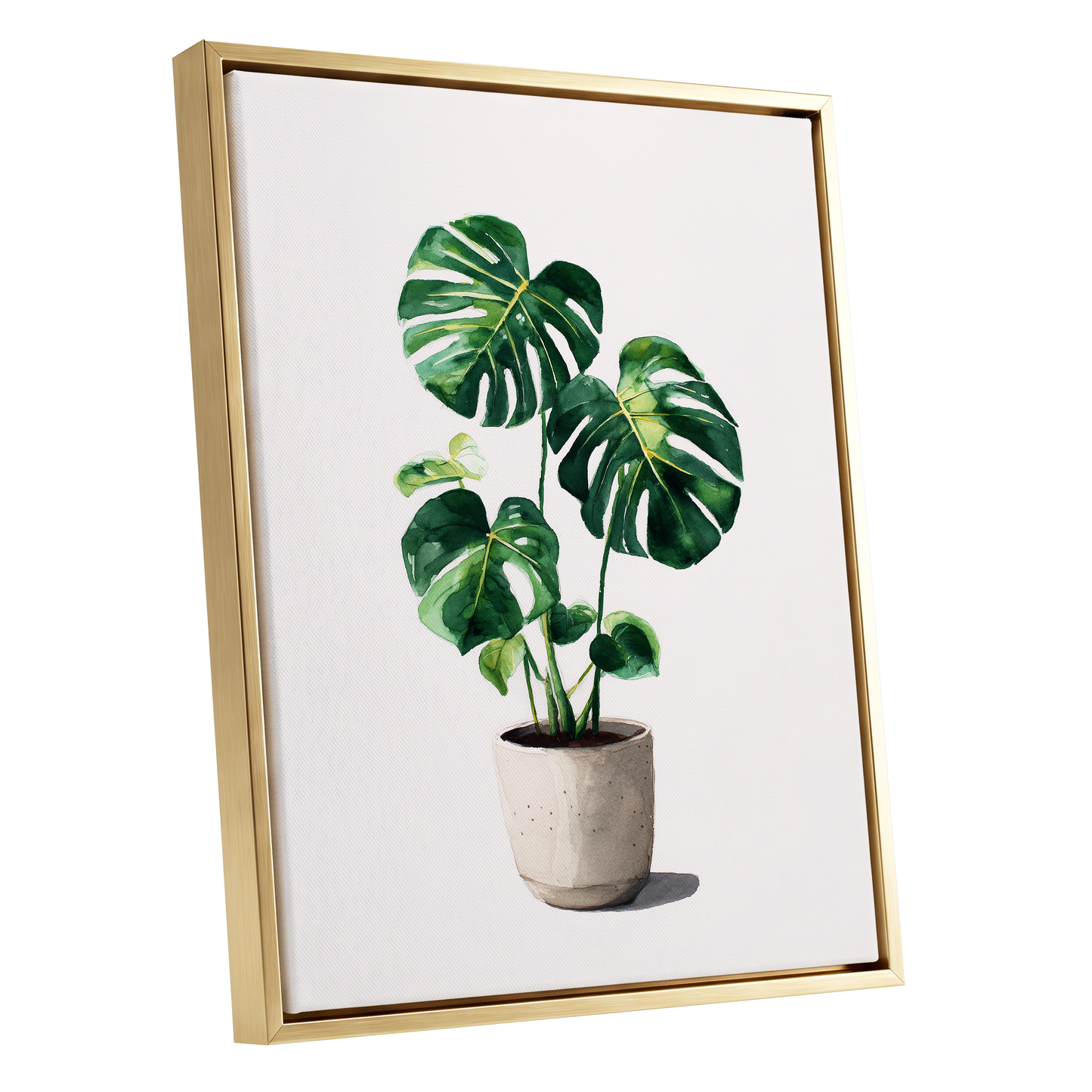 Monstera Stillness, green, beige, white nature wall art shown as a gold framed canvas wall art