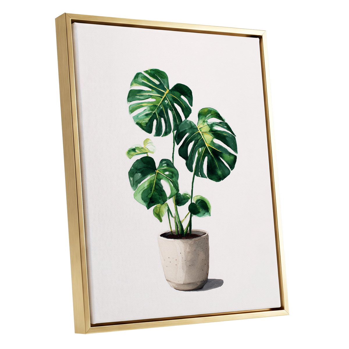 Monstera Stillness, green, beige, white nature wall art shown as a gold framed canvas wall art