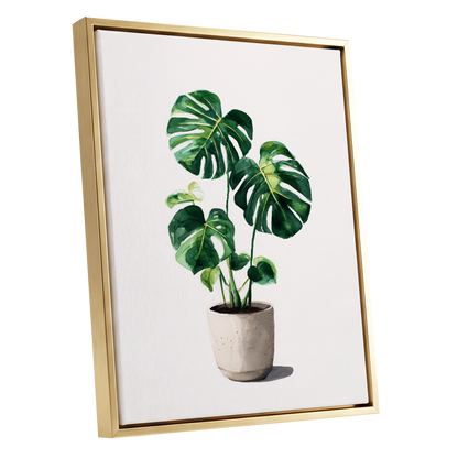 Monstera Stillness, green, beige, white nature wall art shown as a gold framed canvas wall art