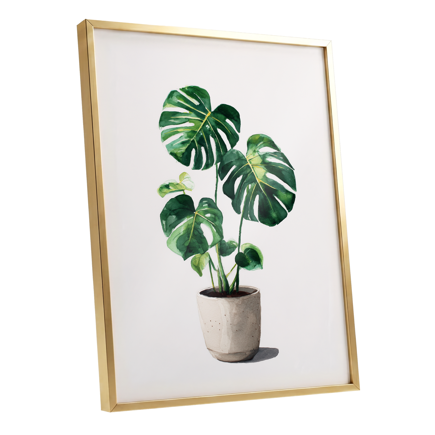 Monstera Stillness, green, beige, white nature wall art shown as a gold framed poster wall art print