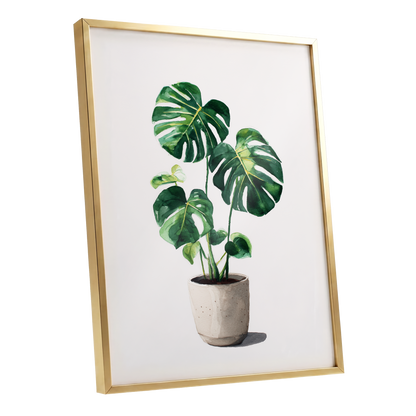 Monstera Stillness, green, beige, white nature wall art shown as a gold framed poster wall art print
