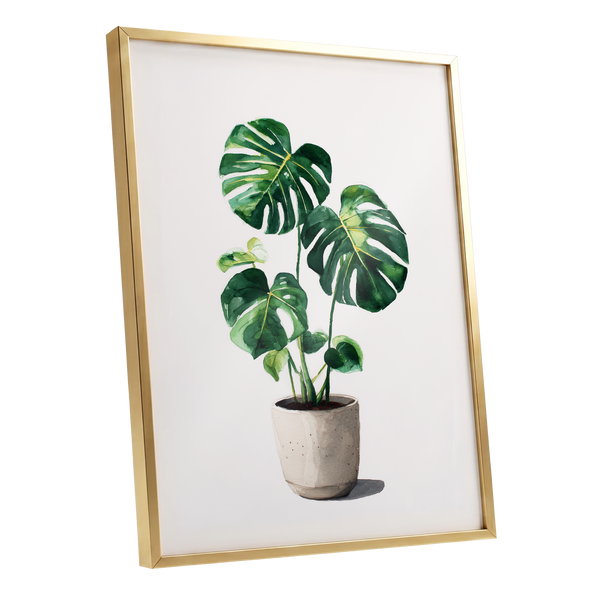 Monstera Stillness, green, beige, white nature wall art shown as a gold framed poster wall art print