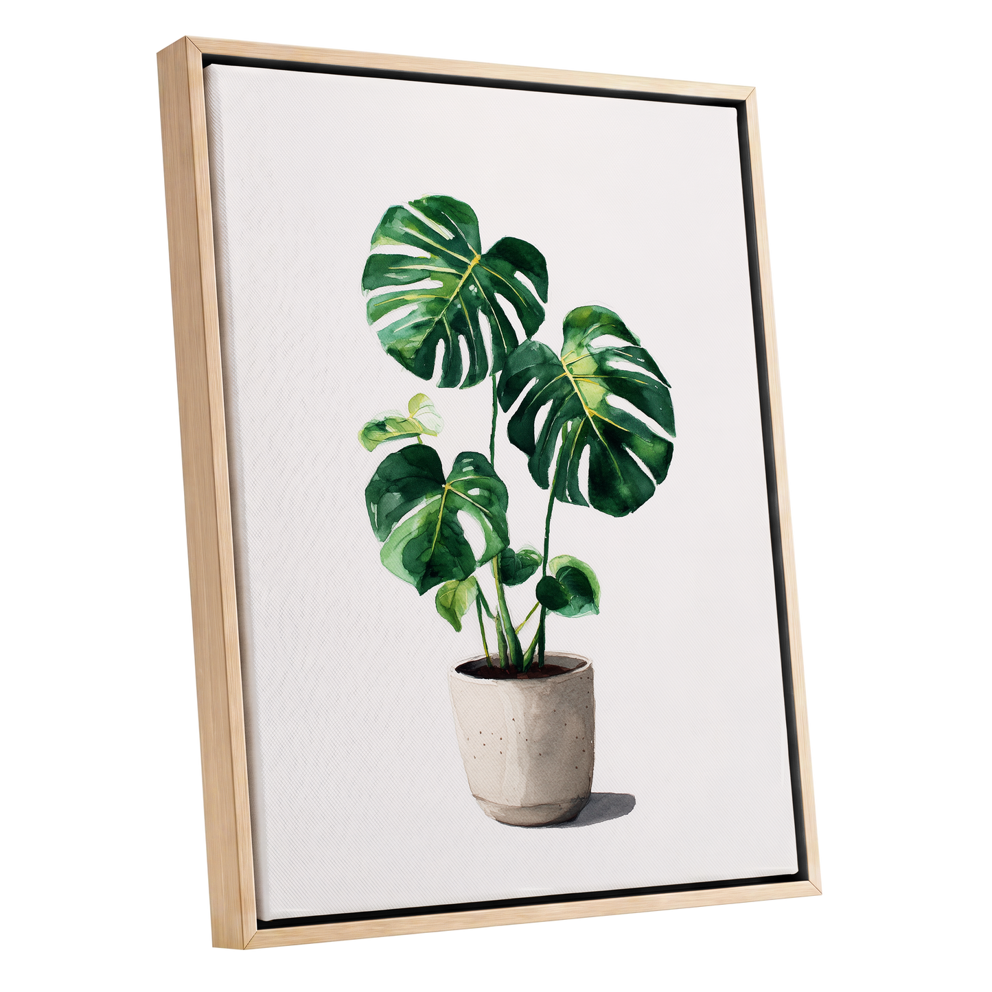 Monstera Stillness, green, beige, white nature wall art shown as a oak framed canvas wall art