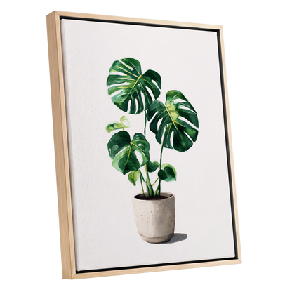 Monstera Stillness, green, beige, white nature wall art shown as a oak framed canvas wall art