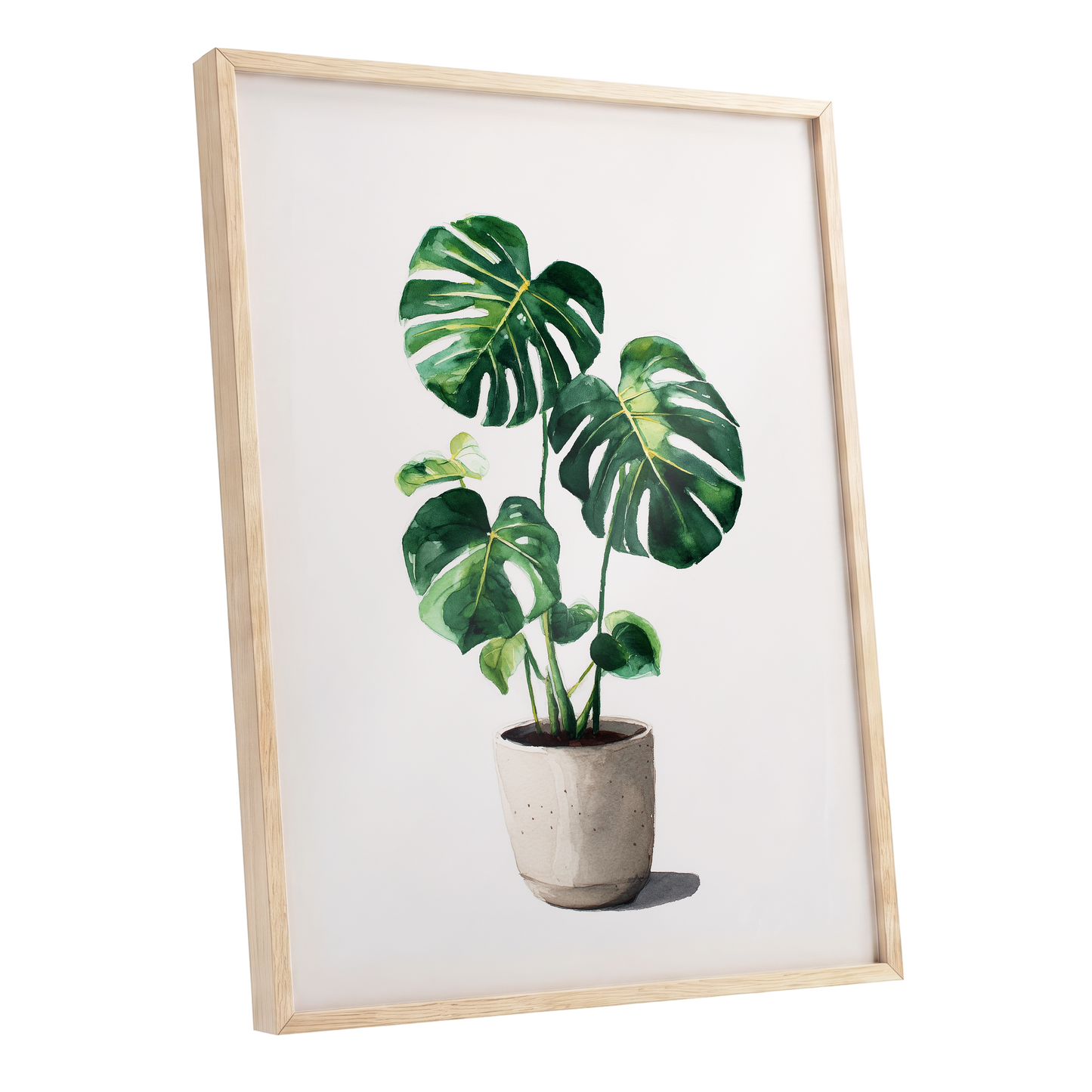 Monstera Stillness, green, beige, white nature wall art shown as a oak framed poster wall art print