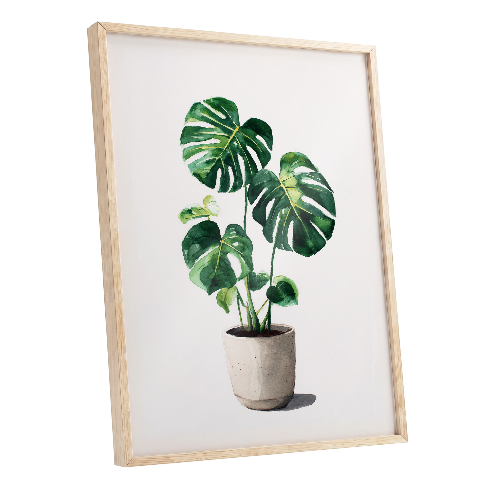 Monstera Stillness, green, beige, white nature wall art shown as a oak framed poster wall art print