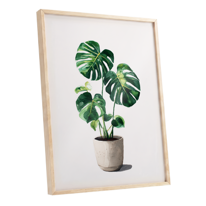 Monstera Stillness, green, beige, white nature wall art shown as a oak framed poster wall art print