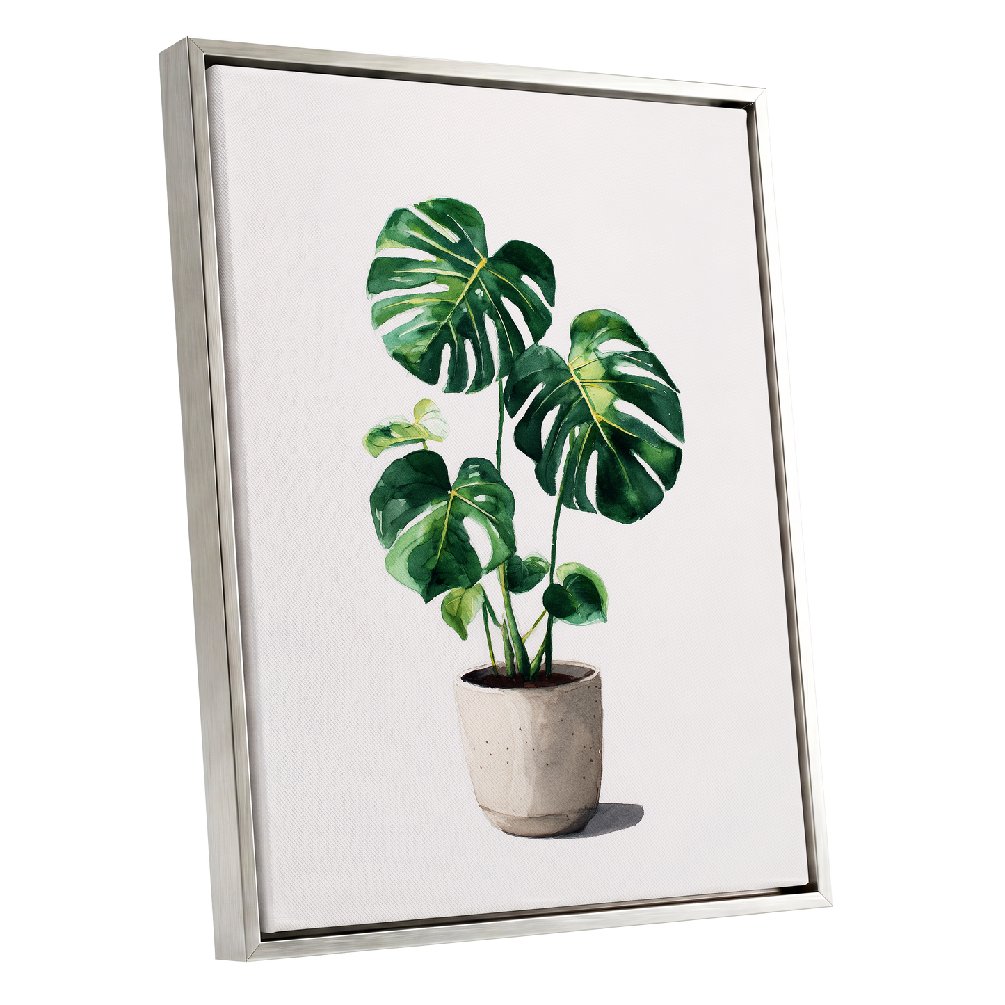 Monstera Stillness, green, beige, white nature wall art shown as a silver framed canvas wall art