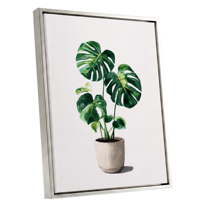 Monstera Stillness, green, beige, white nature wall art shown as a silver framed canvas wall art