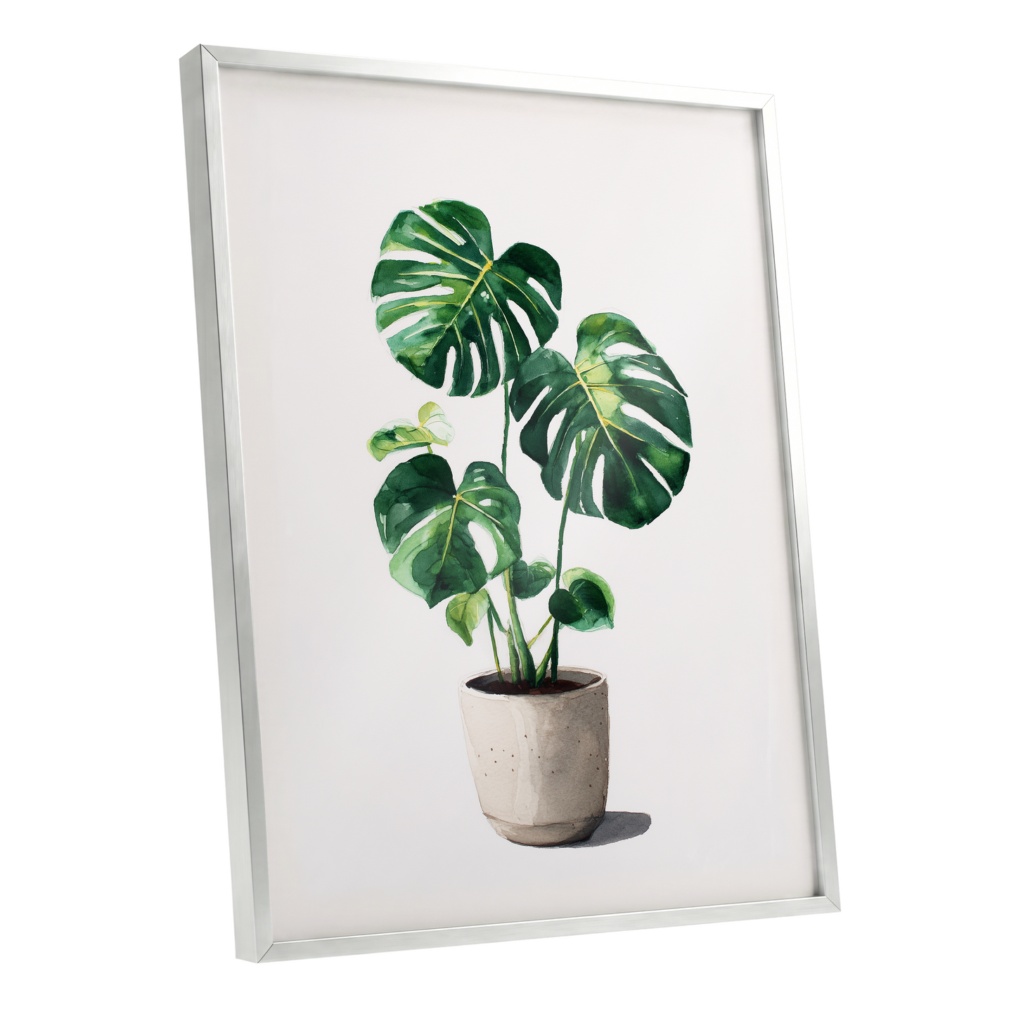 Monstera Stillness, green, beige, white nature wall art shown as a silver framed poster wall art print