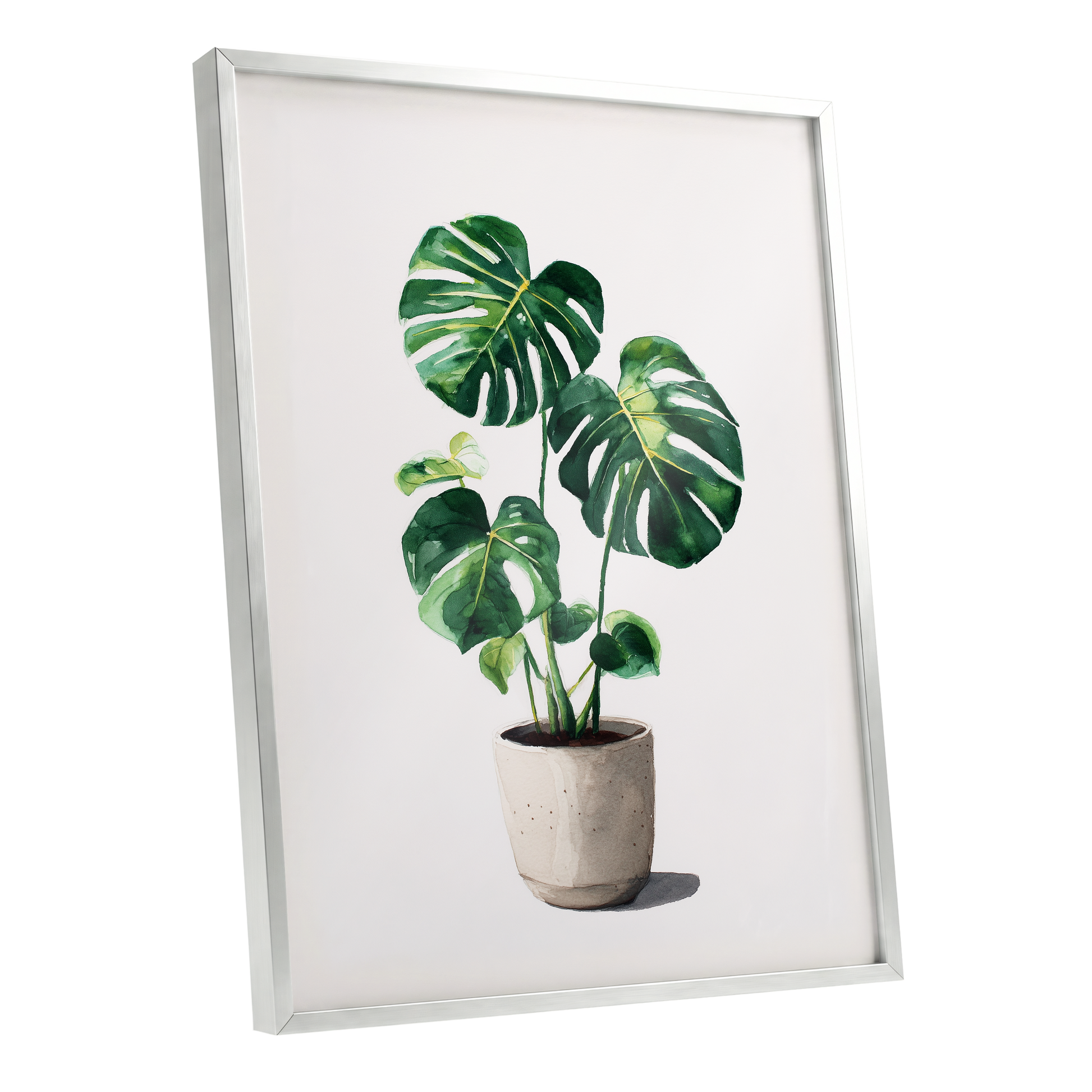 Monstera Stillness, green, beige, white nature wall art shown as a silver framed poster wall art print