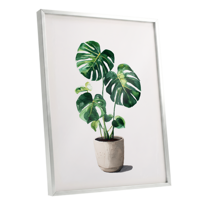 Monstera Stillness, green, beige, white nature wall art shown as a silver framed poster wall art print