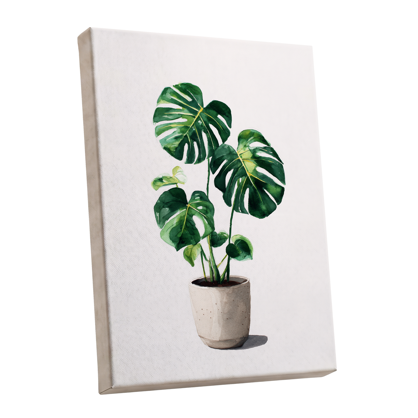 Monstera Stillness, green, beige, white nature wall art shown as a stretched canvas wall art
