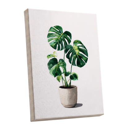 Monstera Stillness, green, beige, white nature wall art shown as a stretched canvas wall art