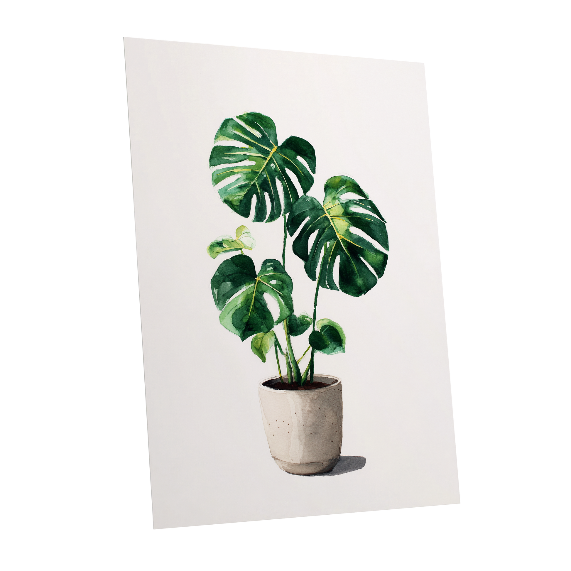 Monstera Stillness, green, beige, white nature wall art shown as a unframed poster wall art print