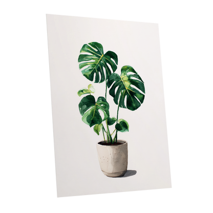 Monstera Stillness, green, beige, white nature wall art shown as a unframed poster wall art print