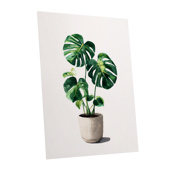 Monstera Stillness, green, beige, white nature wall art shown as a unframed poster wall art print