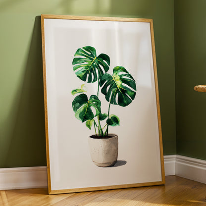 Monstera Stillness, green, beige, white nature wall art displayed in a styled interior, gallery view 2