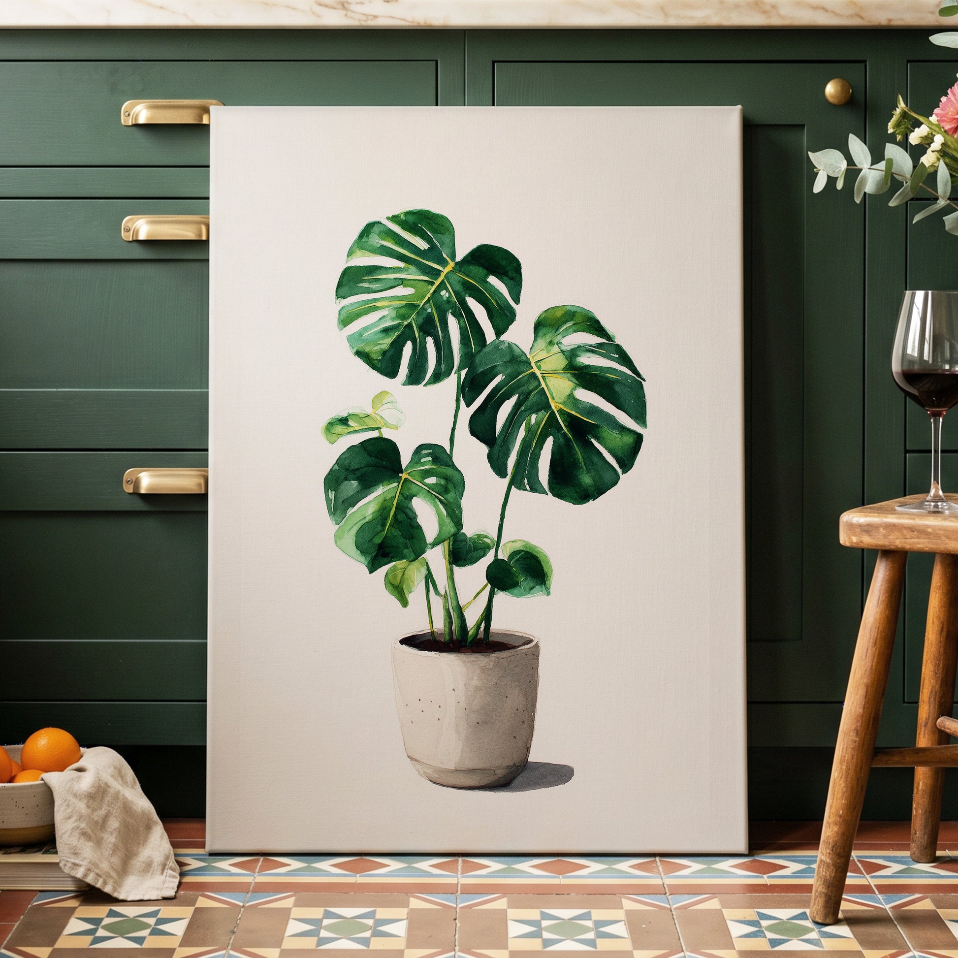 Monstera Stillness, green, beige, white nature wall art displayed in a styled interior, gallery view 3