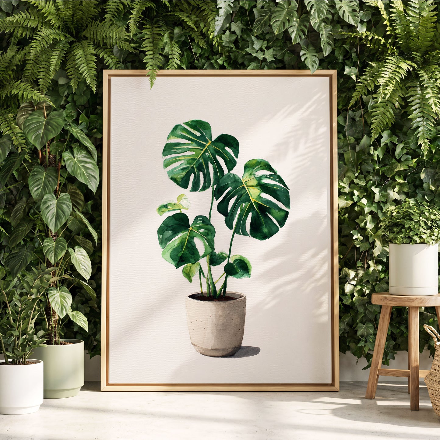 Monstera Stillness, green, beige, white nature wall art displayed in a styled interior, gallery view 4